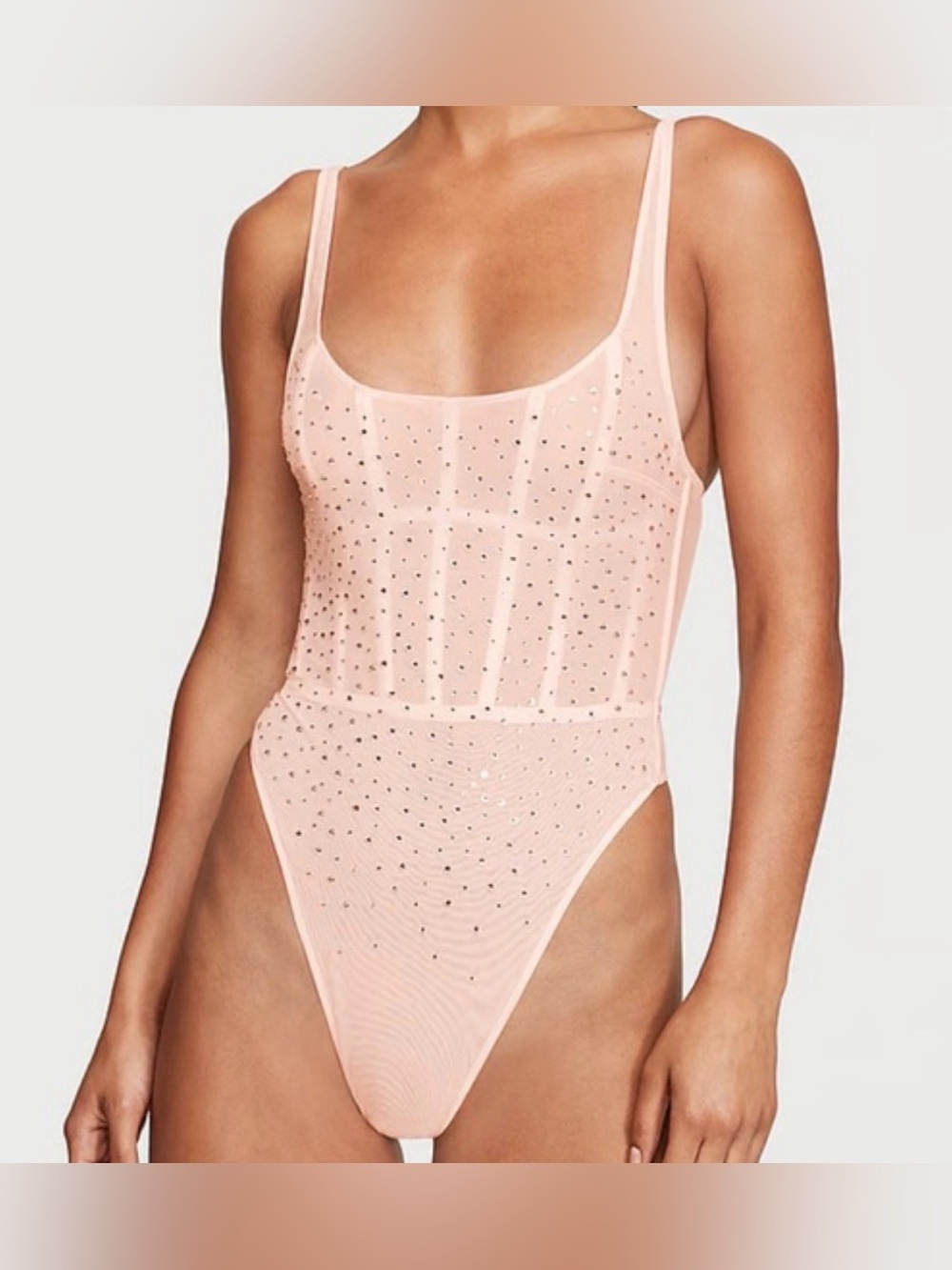 NWT Victorias Secret Wicked Corset Bodysuit Teddy Boned Pink Rhinestone Mesh XL